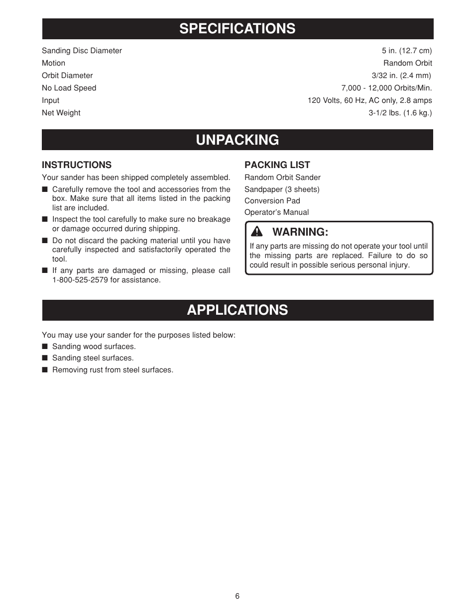 Specifications unpacking, Applications, Warning | Ryobi RS280VS User Manual | Page 6 / 14