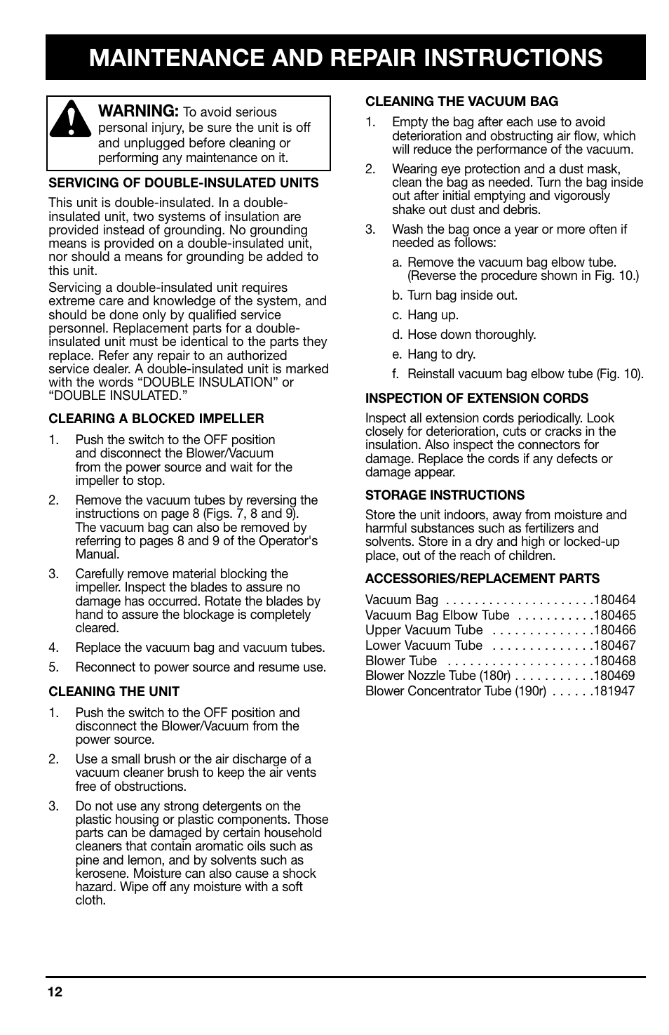 Maintenance and repair instructions, Warning | Ryobi 180r User Manual | Page 12 / 14