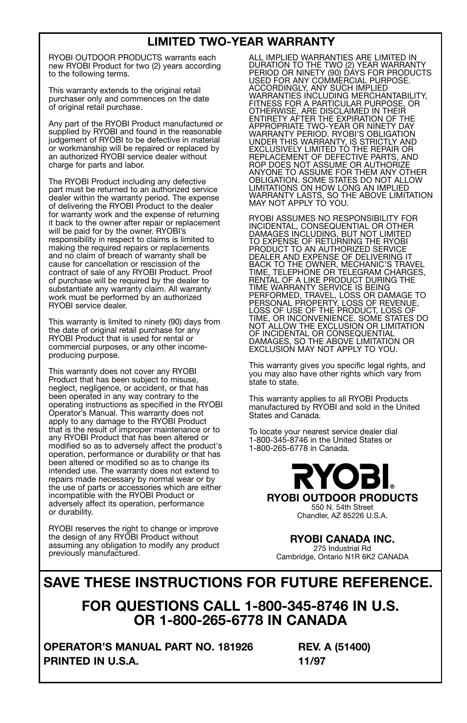 Limited two-year warranty | Ryobi 180r User Manual | Page 14 / 14