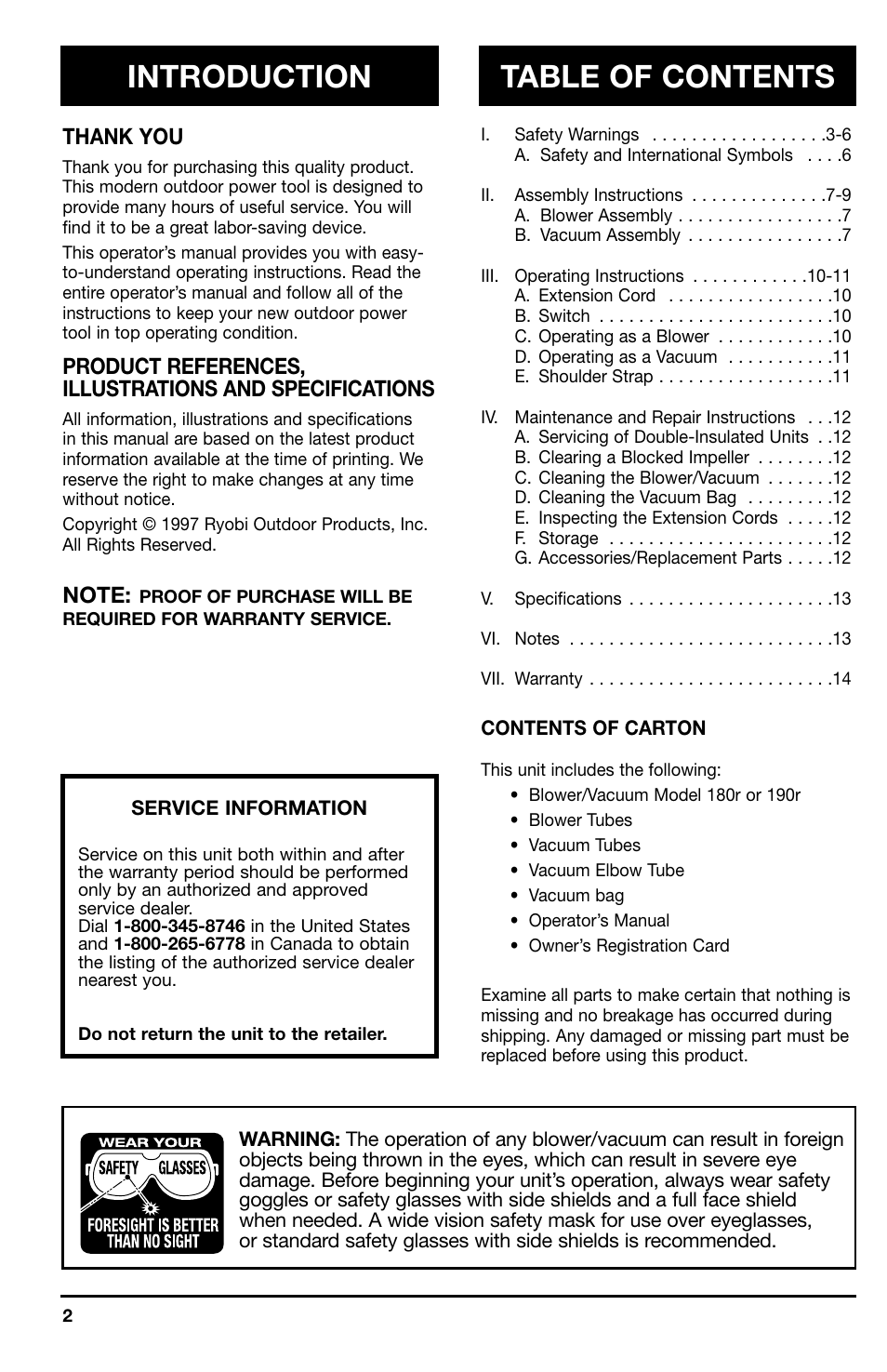 Table of contents introduction | Ryobi 180r User Manual | Page 2 / 14