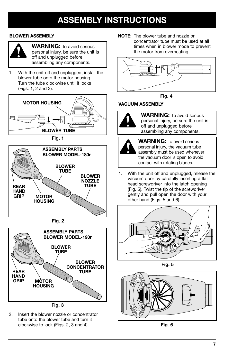 Assembly instructions, Warning | Ryobi 180r User Manual | Page 7 / 14