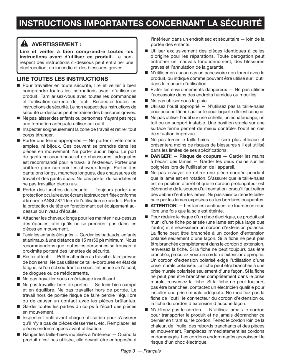 Instructions importantes concernant la sécurité | Ryobi RY44140 User Manual | Page 16 / 38