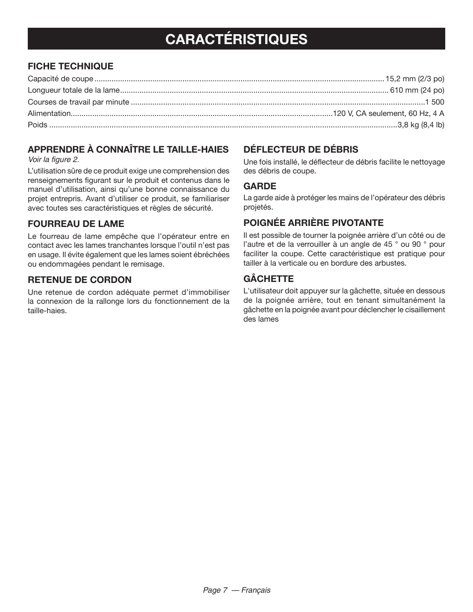 Caractéristiques | Ryobi RY44140 User Manual | Page 20 / 38