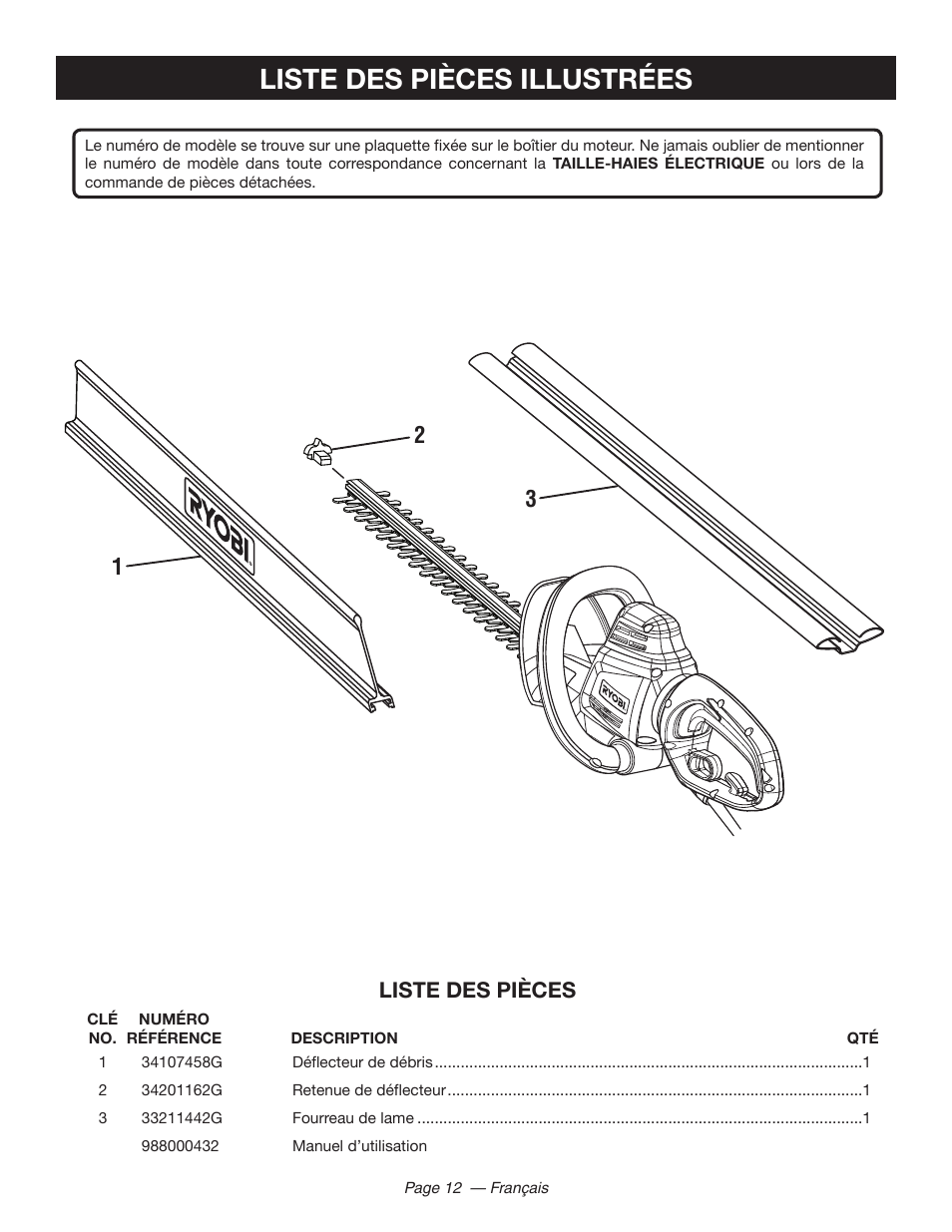 Liste des pièces illustrées, Liste des pièces | Ryobi RY44140 User Manual | Page 25 / 38