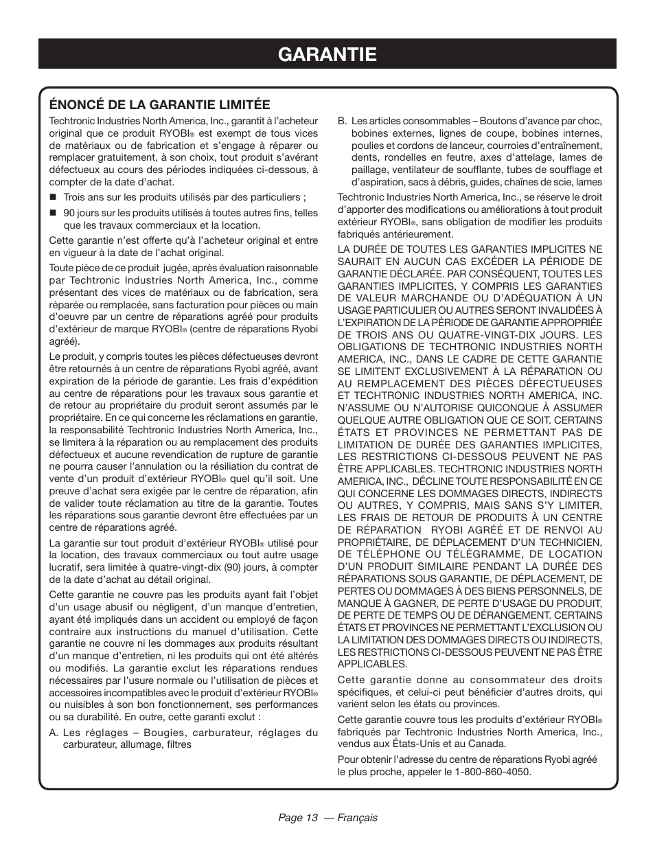 Garantie, Énoncé de la garantie limitée | Ryobi RY44140 User Manual | Page 26 / 38