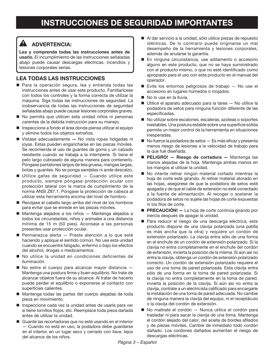 Instrucciones de seguridad importantes | Ryobi RY44140 User Manual | Page 27 / 38