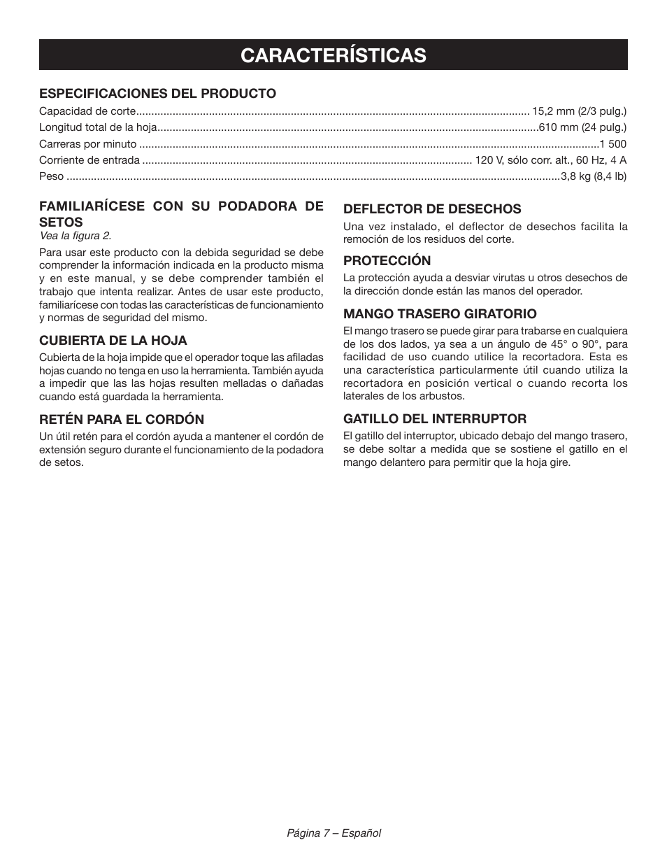 Características | Ryobi RY44140 User Manual | Page 31 / 38