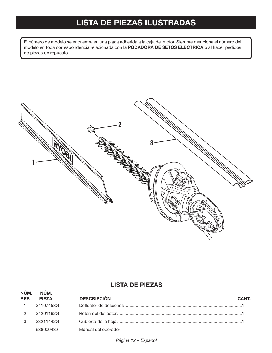 Lista de piezas ilustradas, Lista de piezas | Ryobi RY44140 User Manual | Page 36 / 38