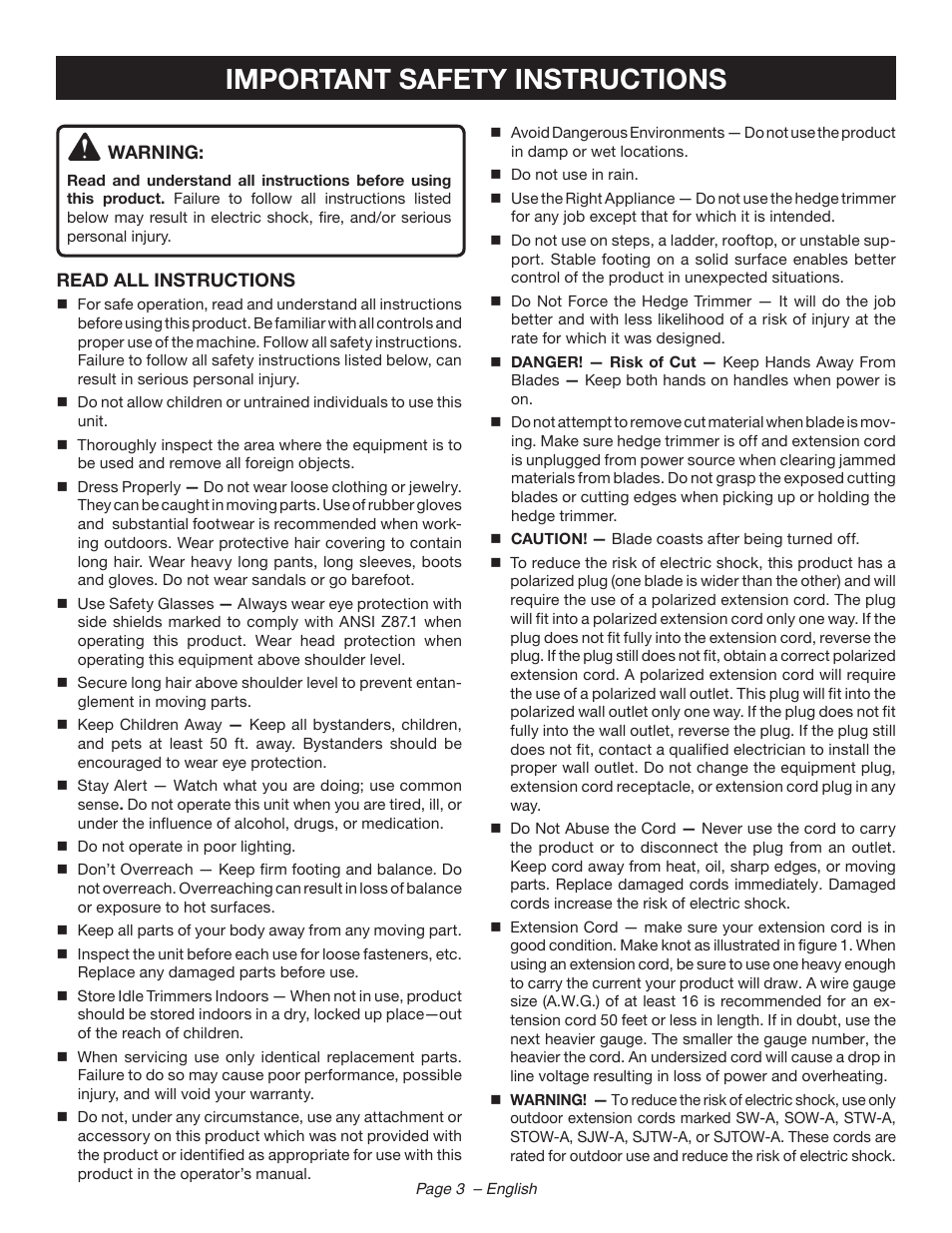 Important safety instructions | Ryobi RY44140 User Manual | Page 5 / 38