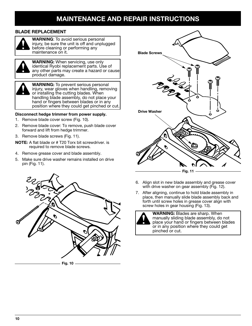 Maintenance and repair instructions | Ryobi HT816r User Manual | Page 10 / 14