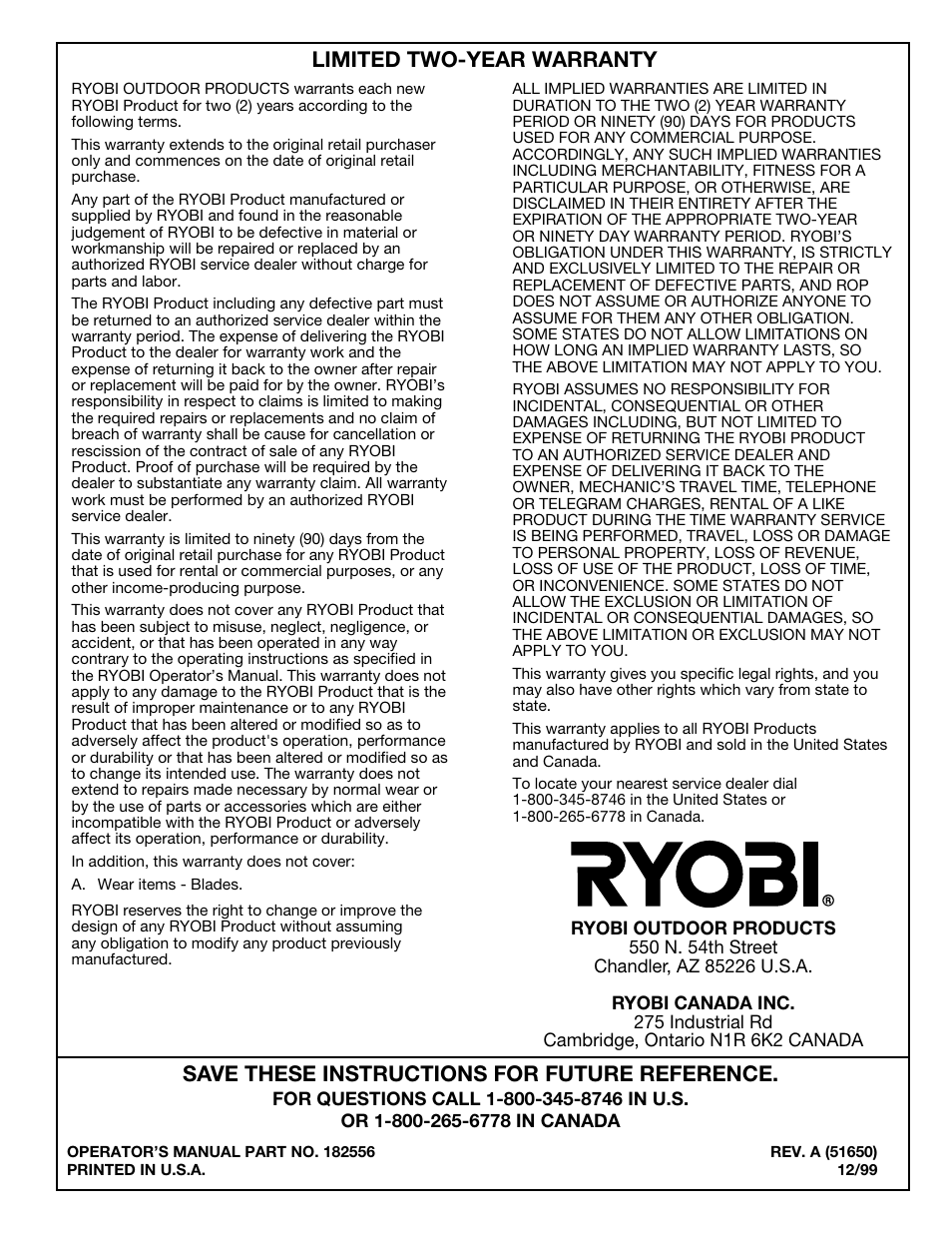 Save these instructions for future reference, Limited two-year warranty | Ryobi HT816r User Manual | Page 14 / 14