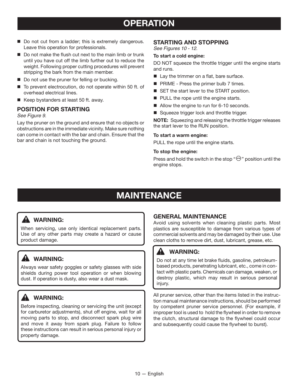 Operation, Maintenance | Ryobi RY52907 User Manual | Page 14 / 52