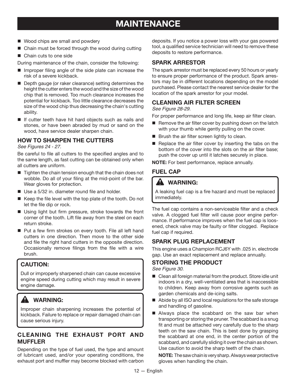 Maintenance | Ryobi RY52907 User Manual | Page 16 / 52