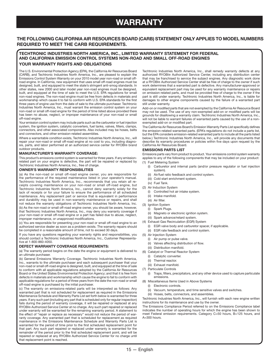 Warranty, 15 — english | Ryobi RY52907 User Manual | Page 19 / 52