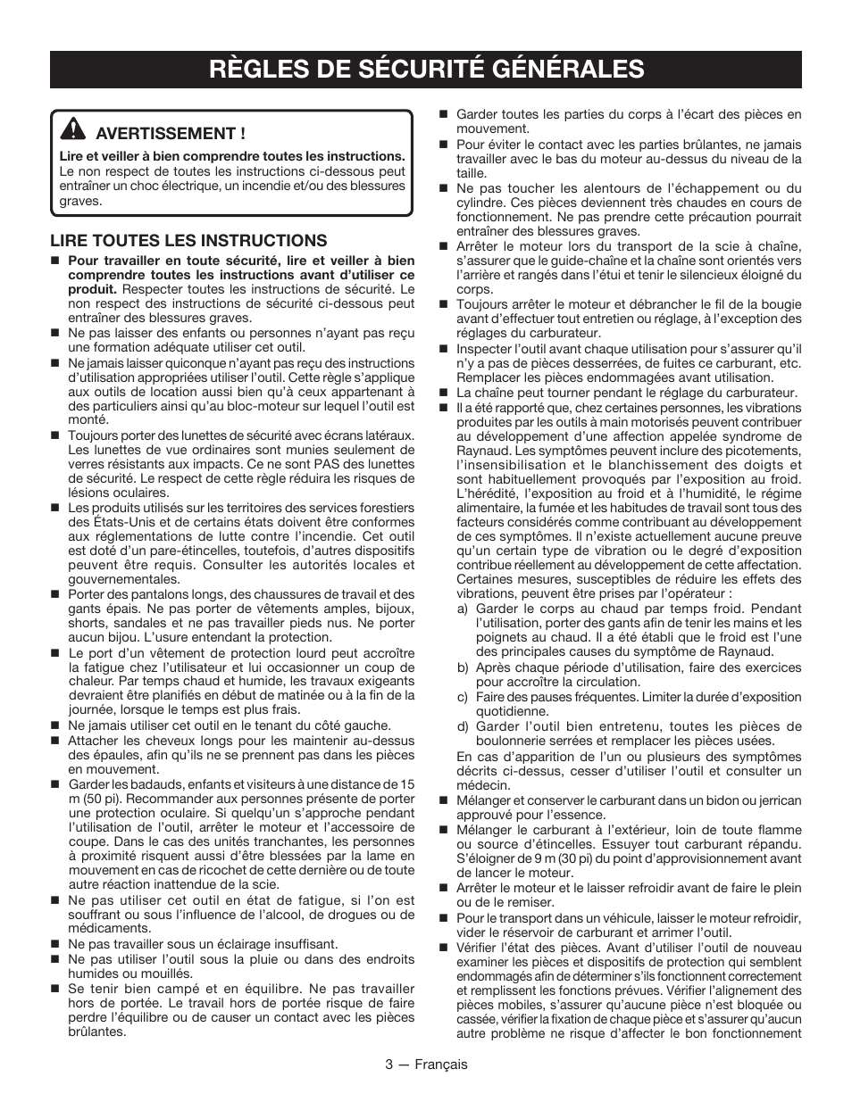 Règles de sécurité générales, Avertissement, Lire toutes les instructions | Ryobi RY52907 User Manual | Page 22 / 52