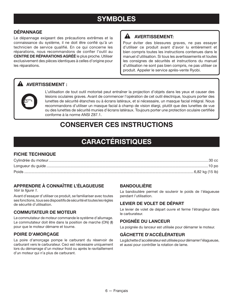 Caractéristiques, Symboles, Conserver ces instructions | Ryobi RY52907 User Manual | Page 25 / 52