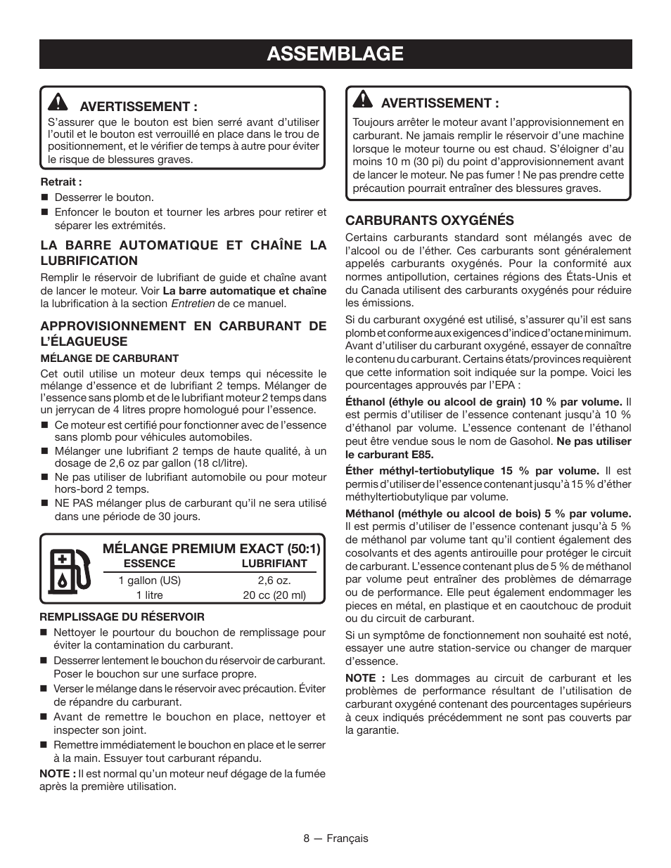 Assemblage | Ryobi RY52907 User Manual | Page 27 / 52