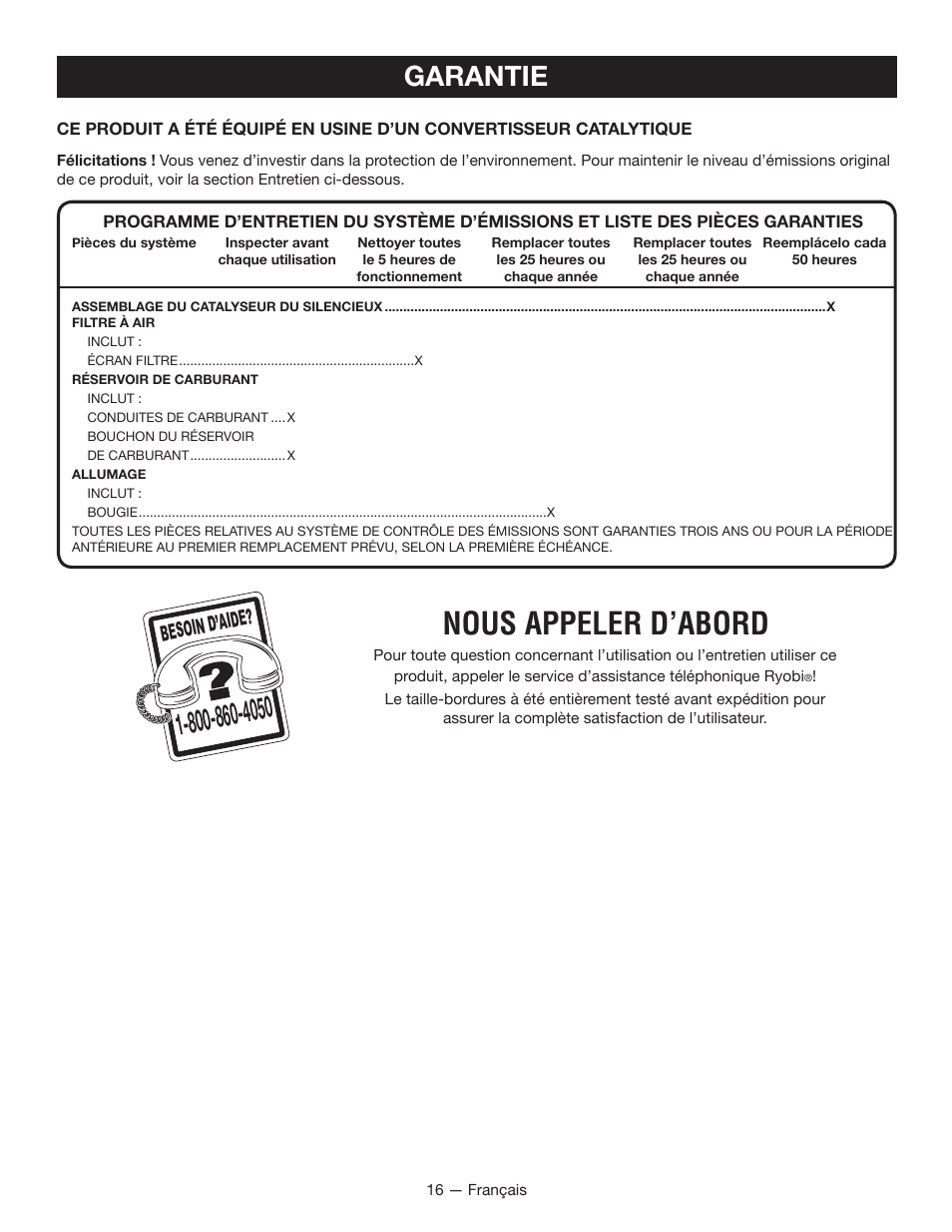 Nous appeler d’abord, Garantie, Besoin d’aid e | Ryobi RY52907 User Manual | Page 35 / 52