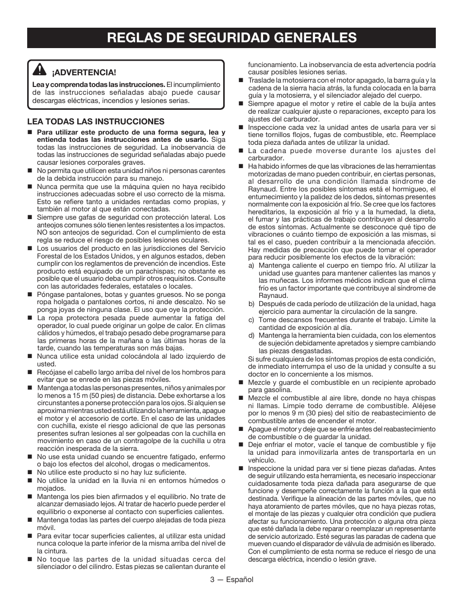 Reglas de seguridad generales | Ryobi RY52907 User Manual | Page 37 / 52