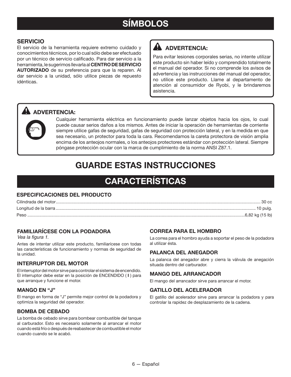 Características, Símbolos, Guarde estas instrucciones | Ryobi RY52907 User Manual | Page 40 / 52