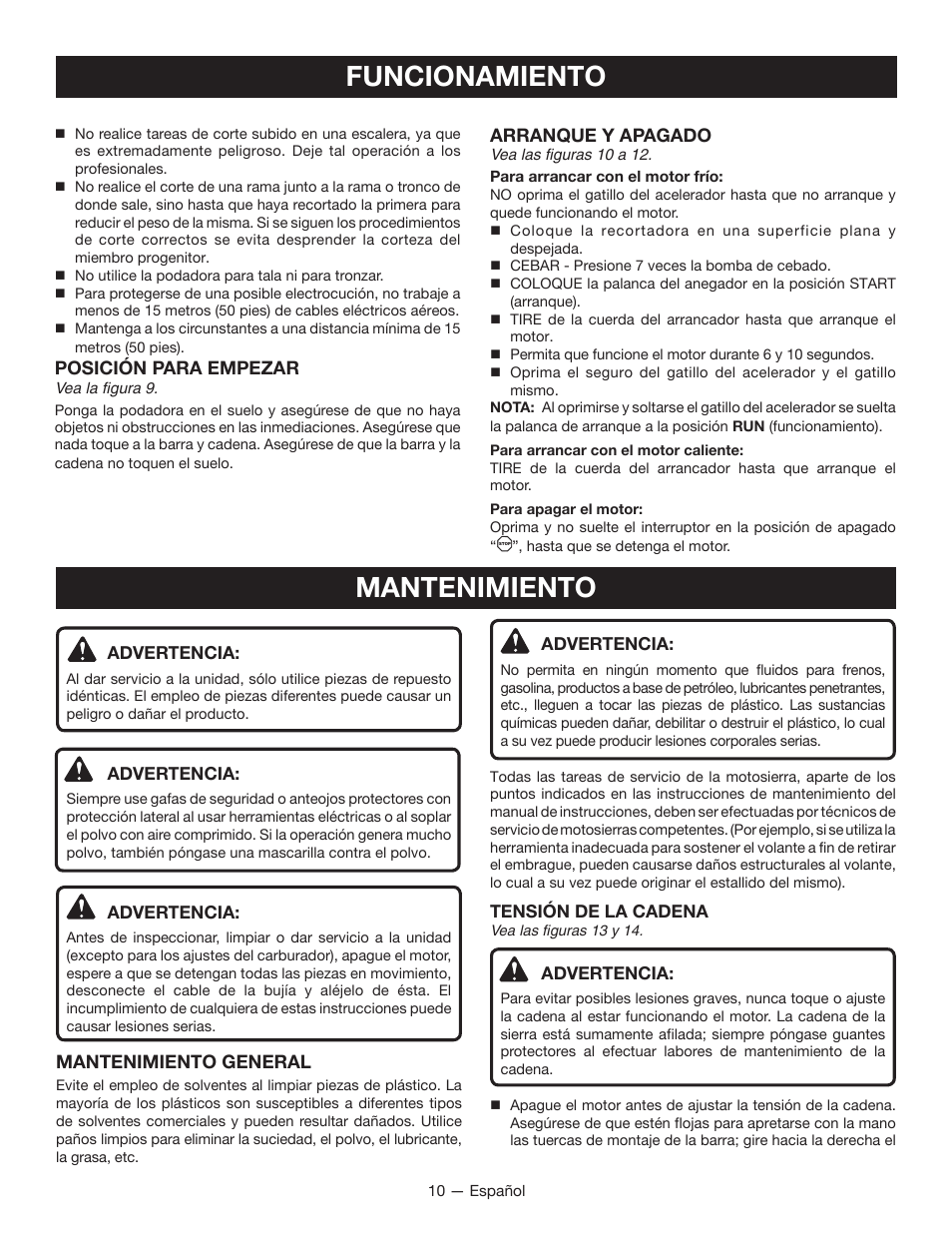 Funcionamiento, Mantenimiento | Ryobi RY52907 User Manual | Page 44 / 52