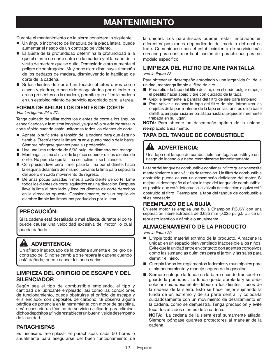 Mantenimiento | Ryobi RY52907 User Manual | Page 46 / 52