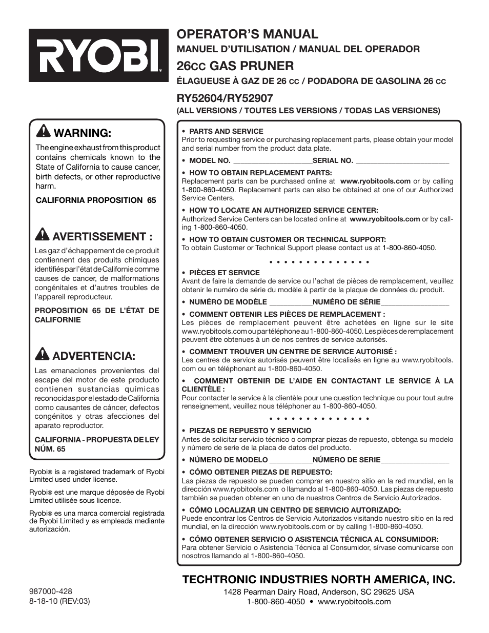 Operator’s manual, Gas pruner, Warning | Techtronic industries north america, inc, Avertissement, Advertencia | Ryobi RY52907 User Manual | Page 52 / 52