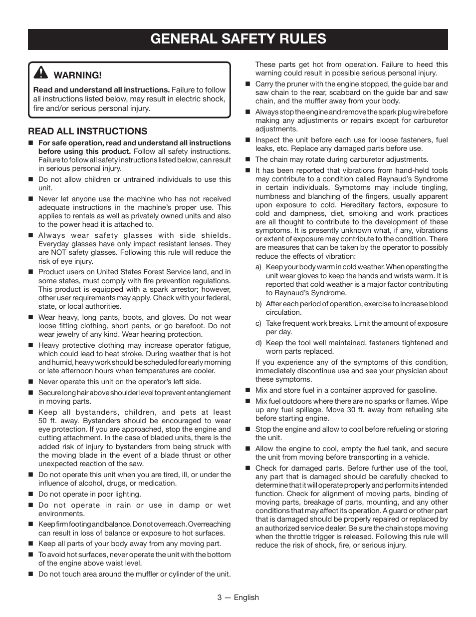 General safety rules, Warning, Read all instructions | Ryobi RY52907 User Manual | Page 7 / 52