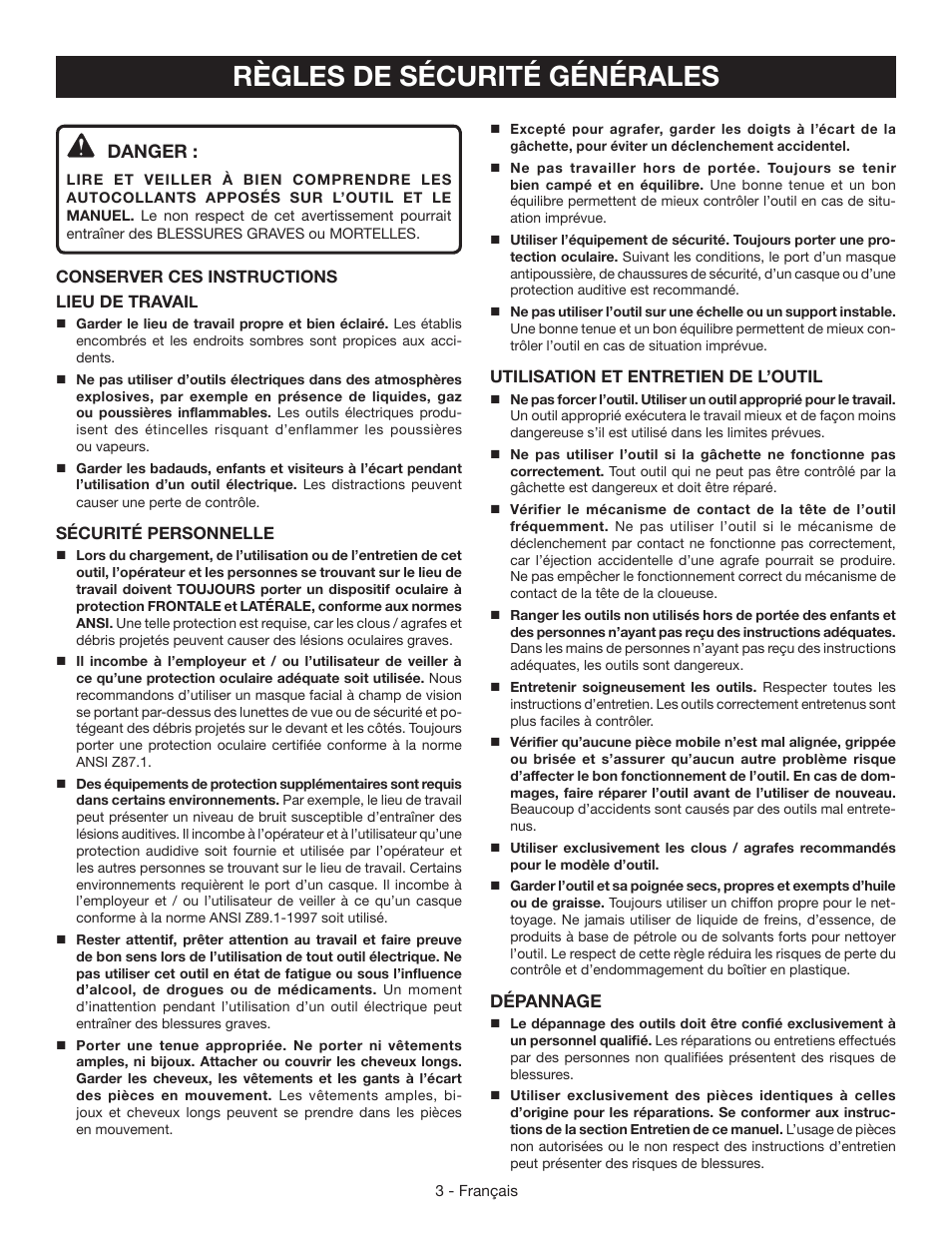 Règles de sécurité générales | Ryobi YN200BND User Manual | Page 16 / 44