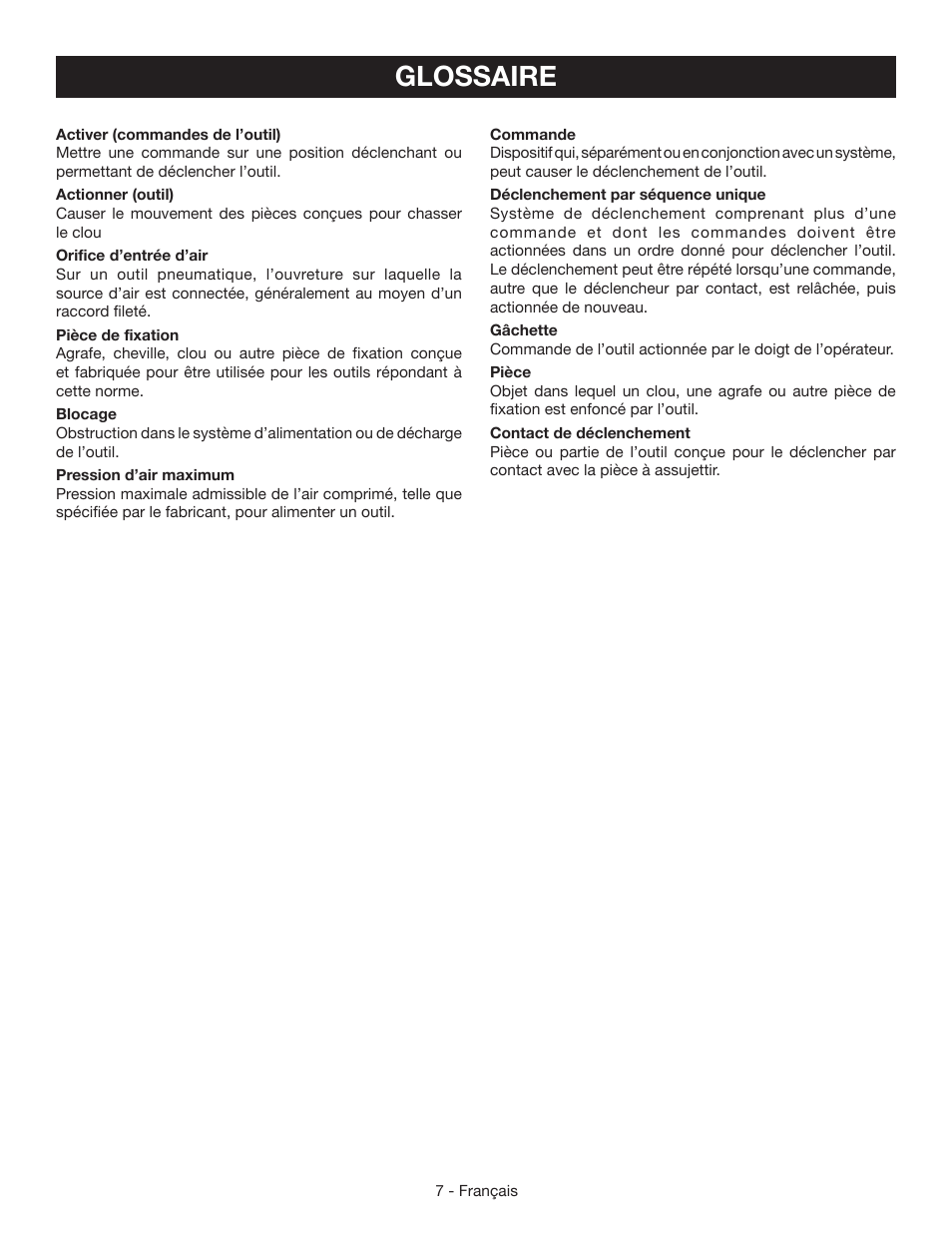 Glossaire | Ryobi YN200BND User Manual | Page 20 / 44