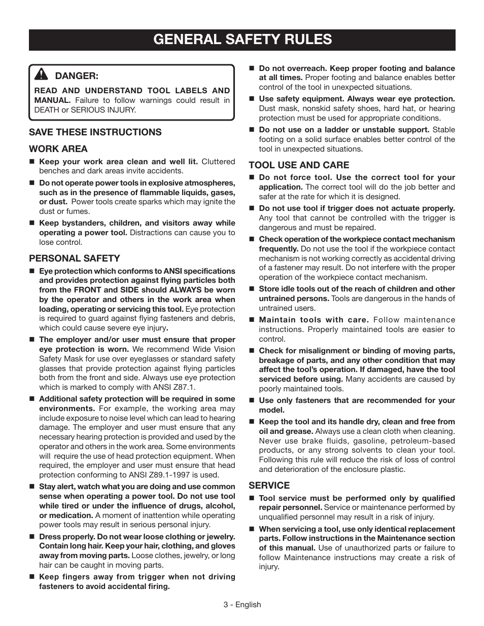 General safety rules | Ryobi YN200BND User Manual | Page 3 / 44