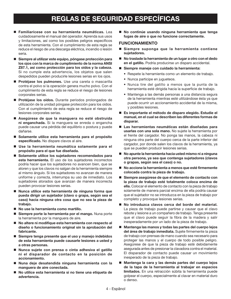 Reglas de seguridad específicas | Ryobi YN200BND User Manual | Page 30 / 44