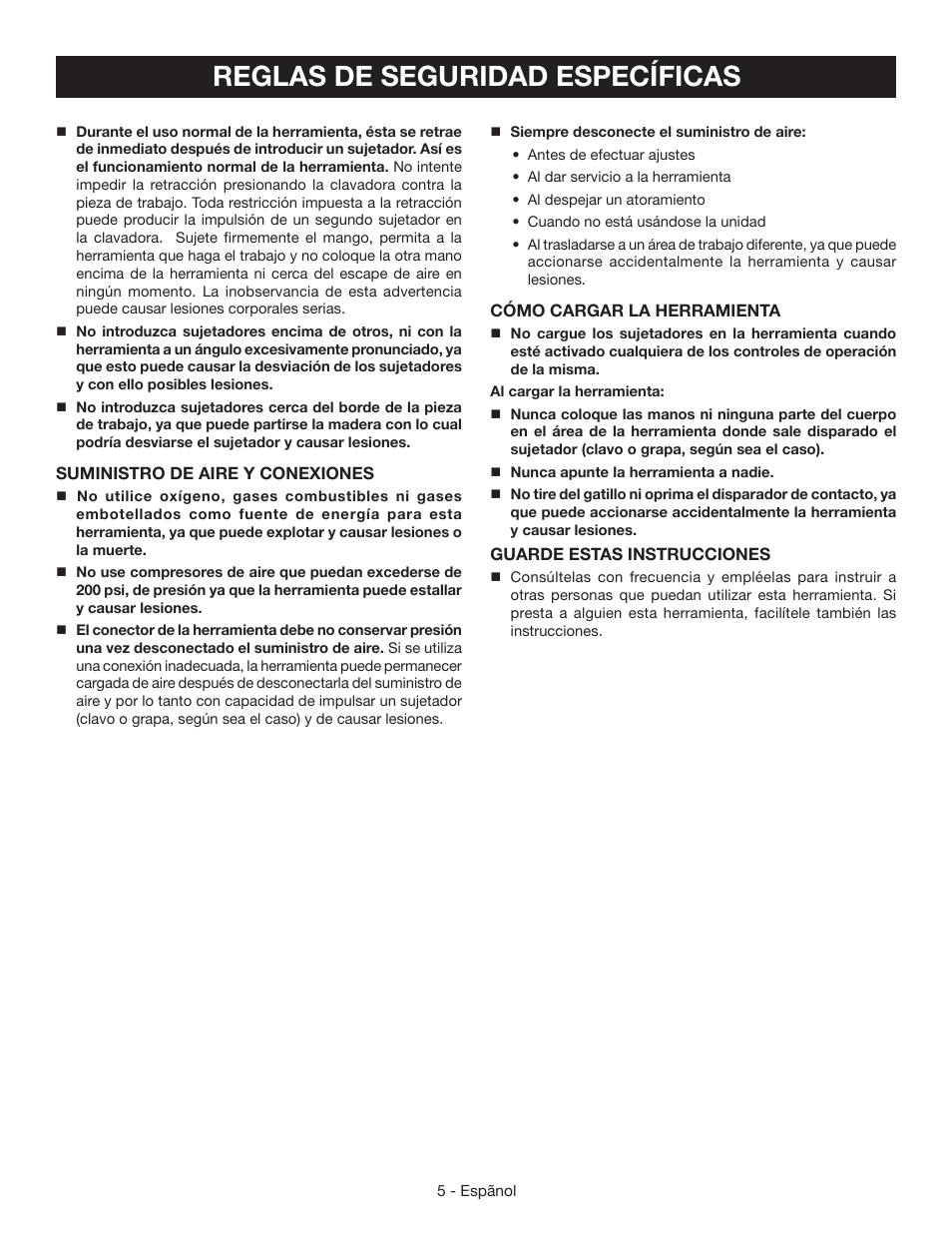 Reglas de seguridad específicas | Ryobi YN200BND User Manual | Page 31 / 44