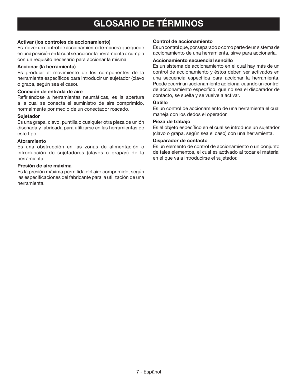 Glosario de términos | Ryobi YN200BND User Manual | Page 33 / 44