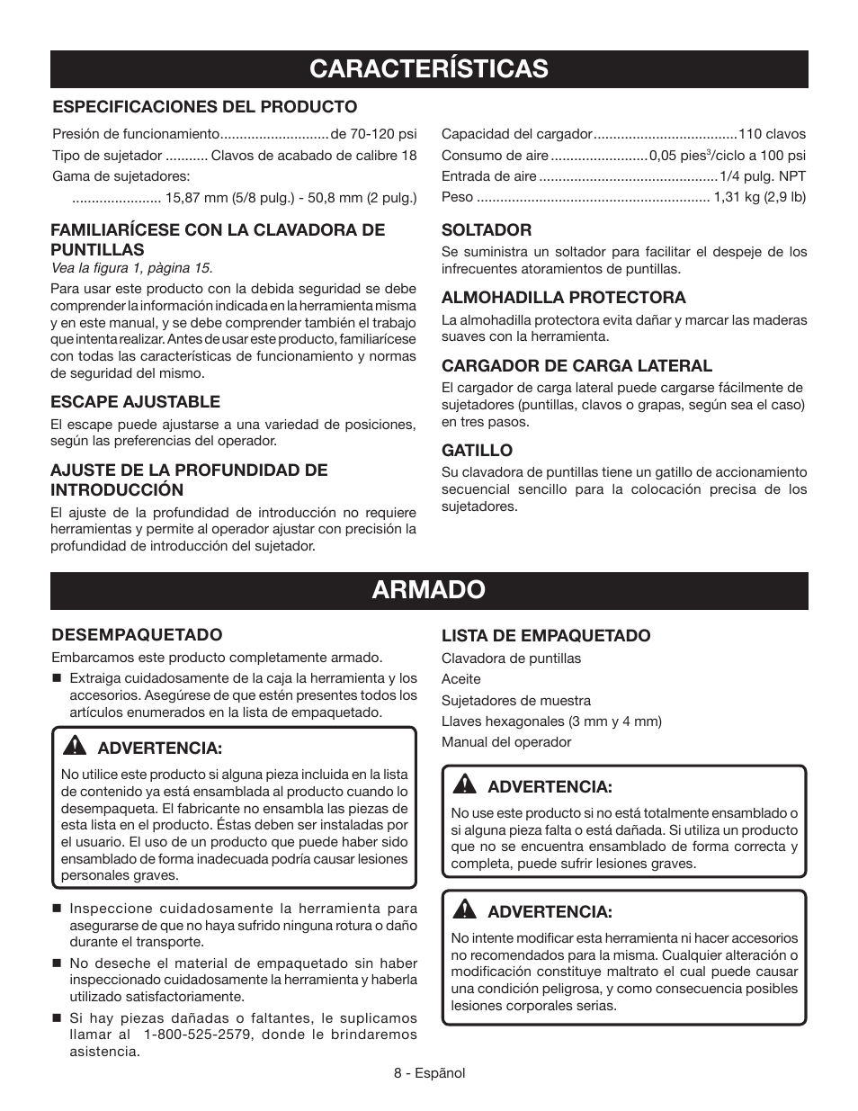 Características, Armado | Ryobi YN200BND User Manual | Page 34 / 44