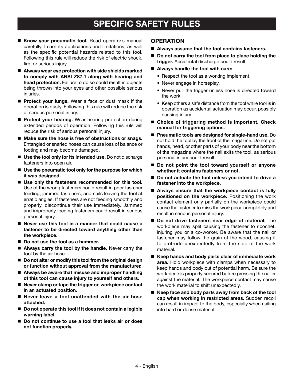 Specific safety rules | Ryobi YN200BND User Manual | Page 4 / 44