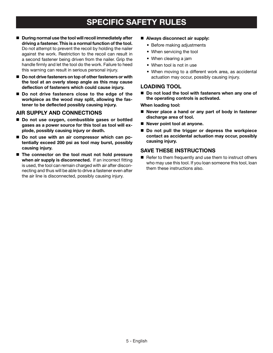 Specific safety rules | Ryobi YN200BND User Manual | Page 5 / 44