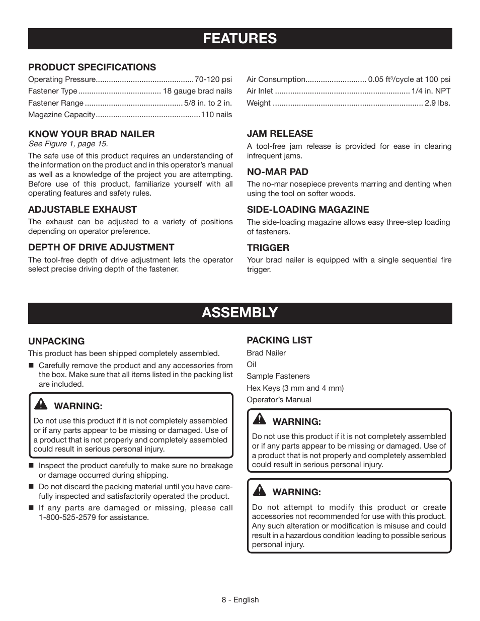 Features, Assembly | Ryobi YN200BND User Manual | Page 8 / 44