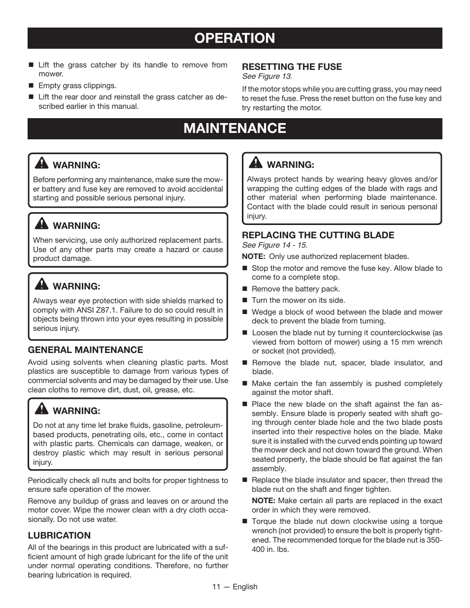 Maintenance operation | Ryobi RY14110 User Manual | Page 15 / 48