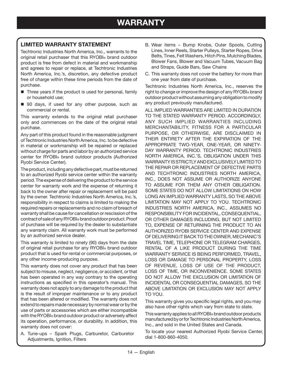 Warranty, Limited warranty statement | Ryobi RY14110 User Manual | Page 18 / 48