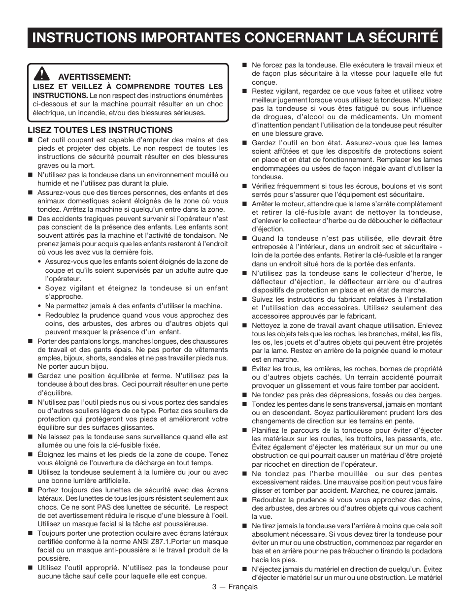 Instructions importantes concernant la sécurité | Ryobi RY14110 User Manual | Page 20 / 48