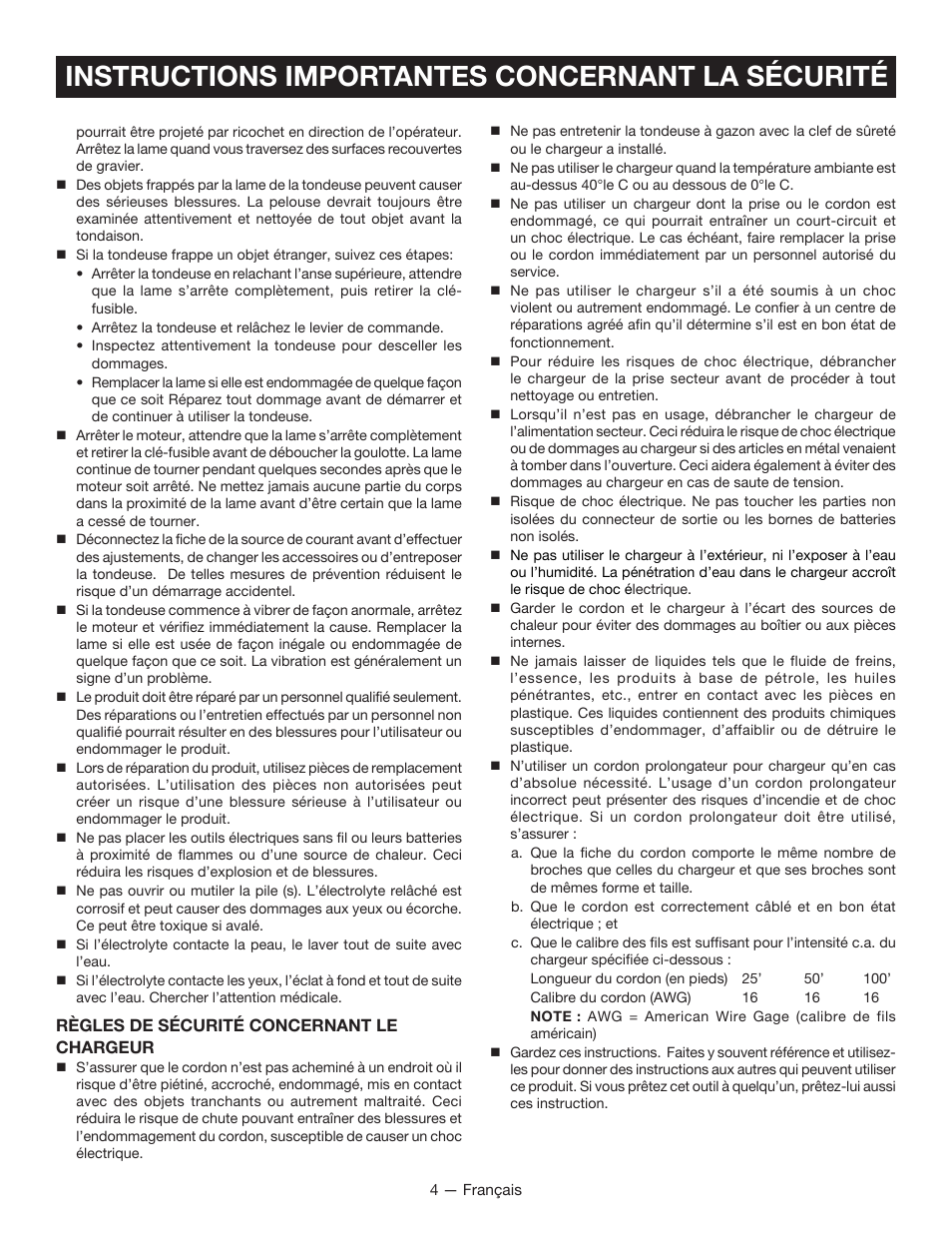 Instructions importantes concernant la sécurité | Ryobi RY14110 User Manual | Page 21 / 48