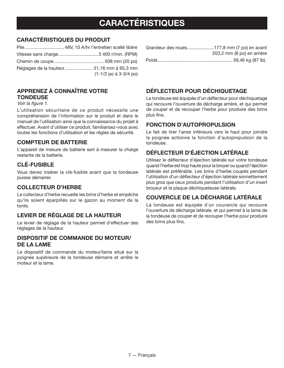 Caractéristiques | Ryobi RY14110 User Manual | Page 24 / 48