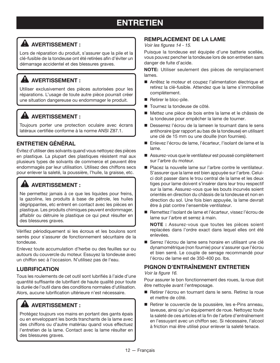 Entretien | Ryobi RY14110 User Manual | Page 29 / 48