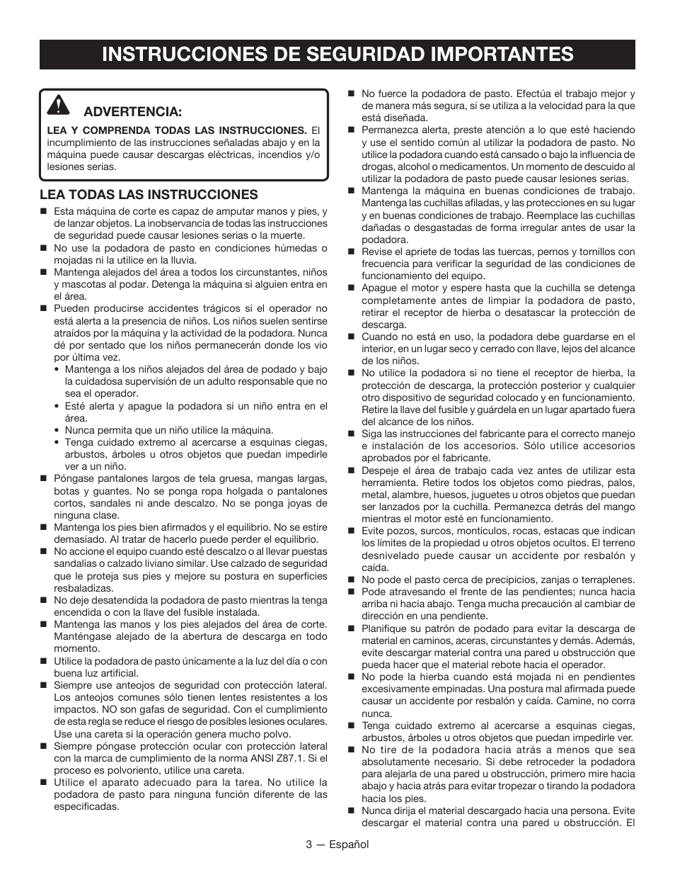 Instrucciones de seguridad importantes, Advertencia, Lea todas las instrucciones | Ryobi RY14110 User Manual | Page 34 / 48