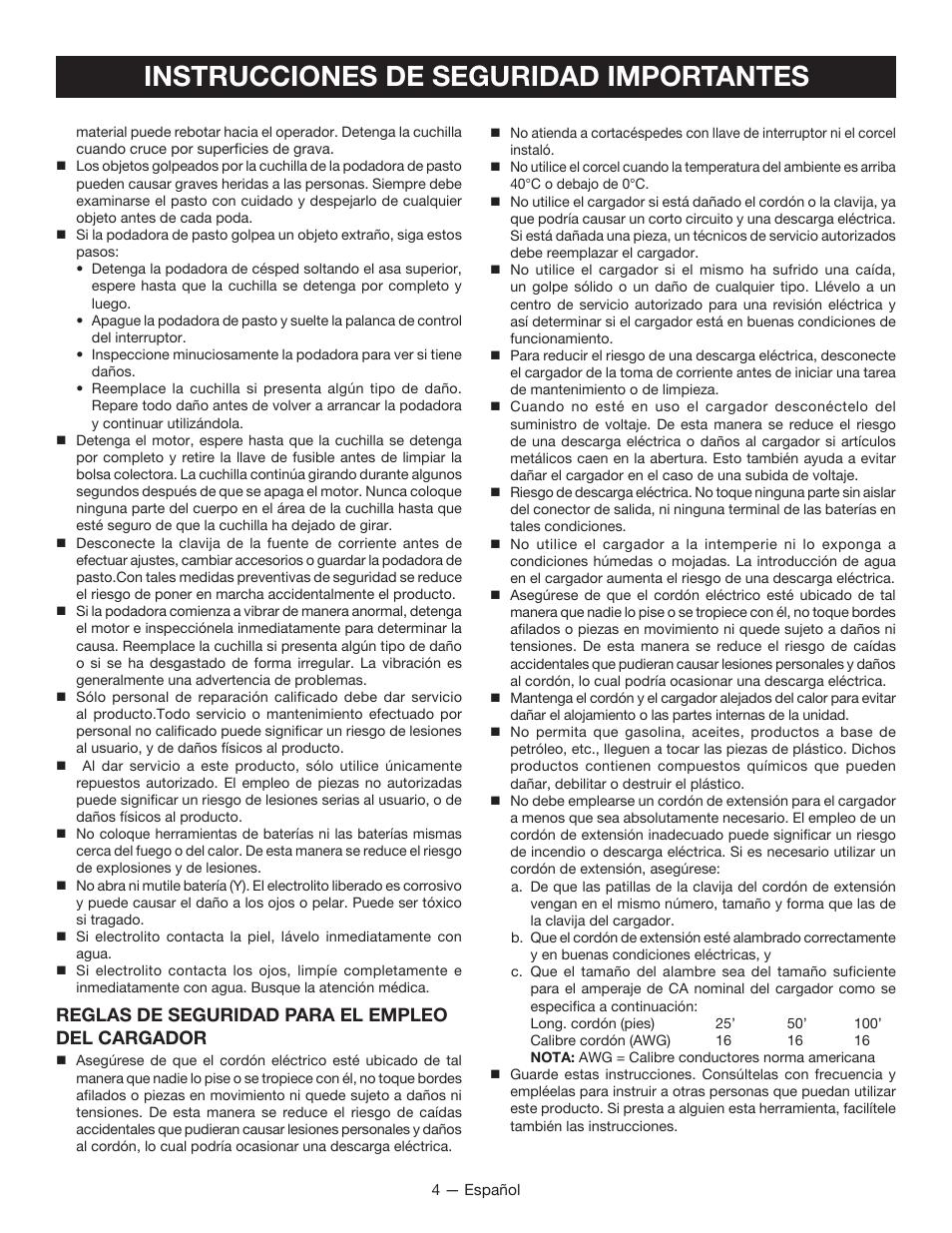 Instrucciones de seguridad importantes, Reglas de seguridad para el empleo del cargador | Ryobi RY14110 User Manual | Page 35 / 48