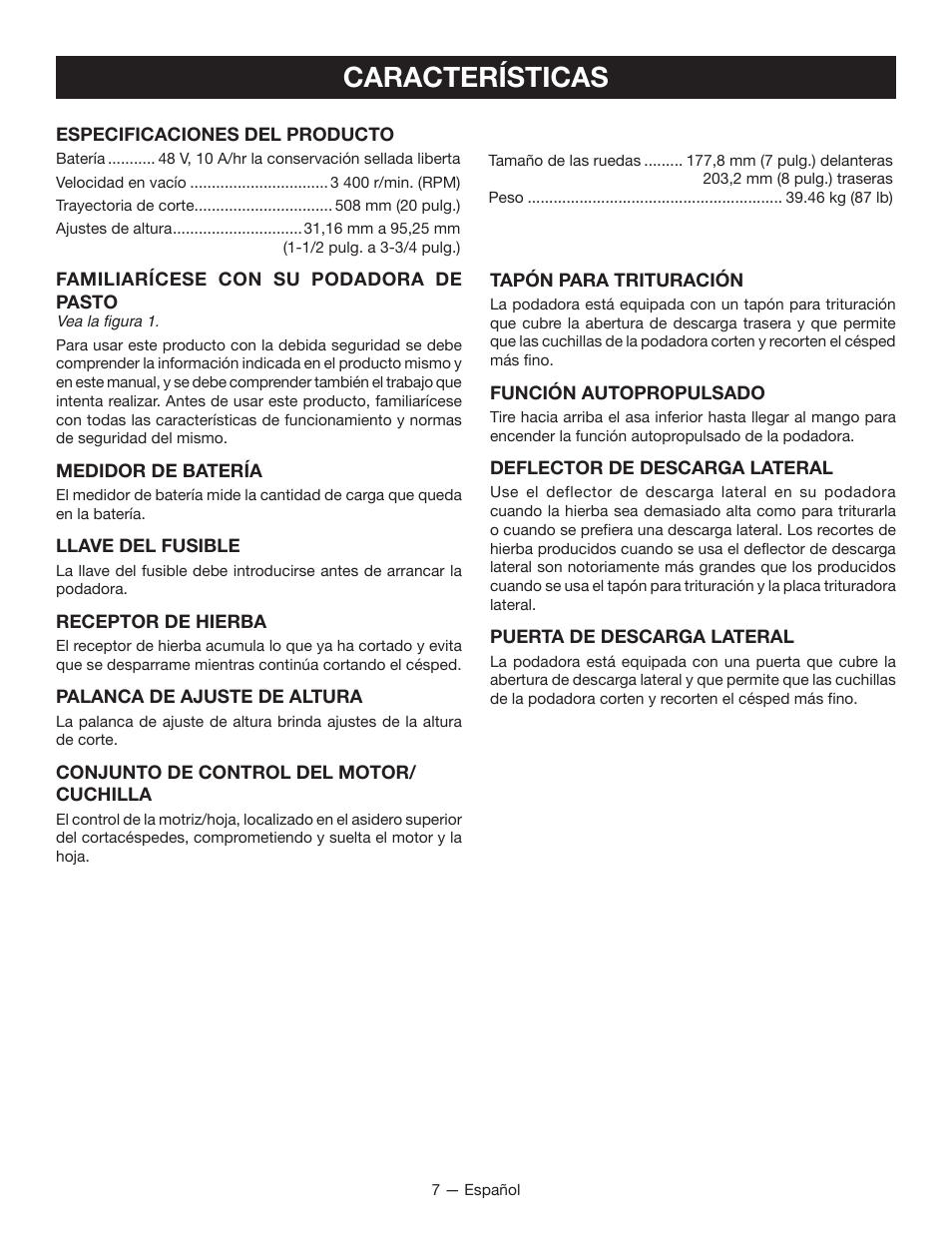 Características | Ryobi RY14110 User Manual | Page 38 / 48