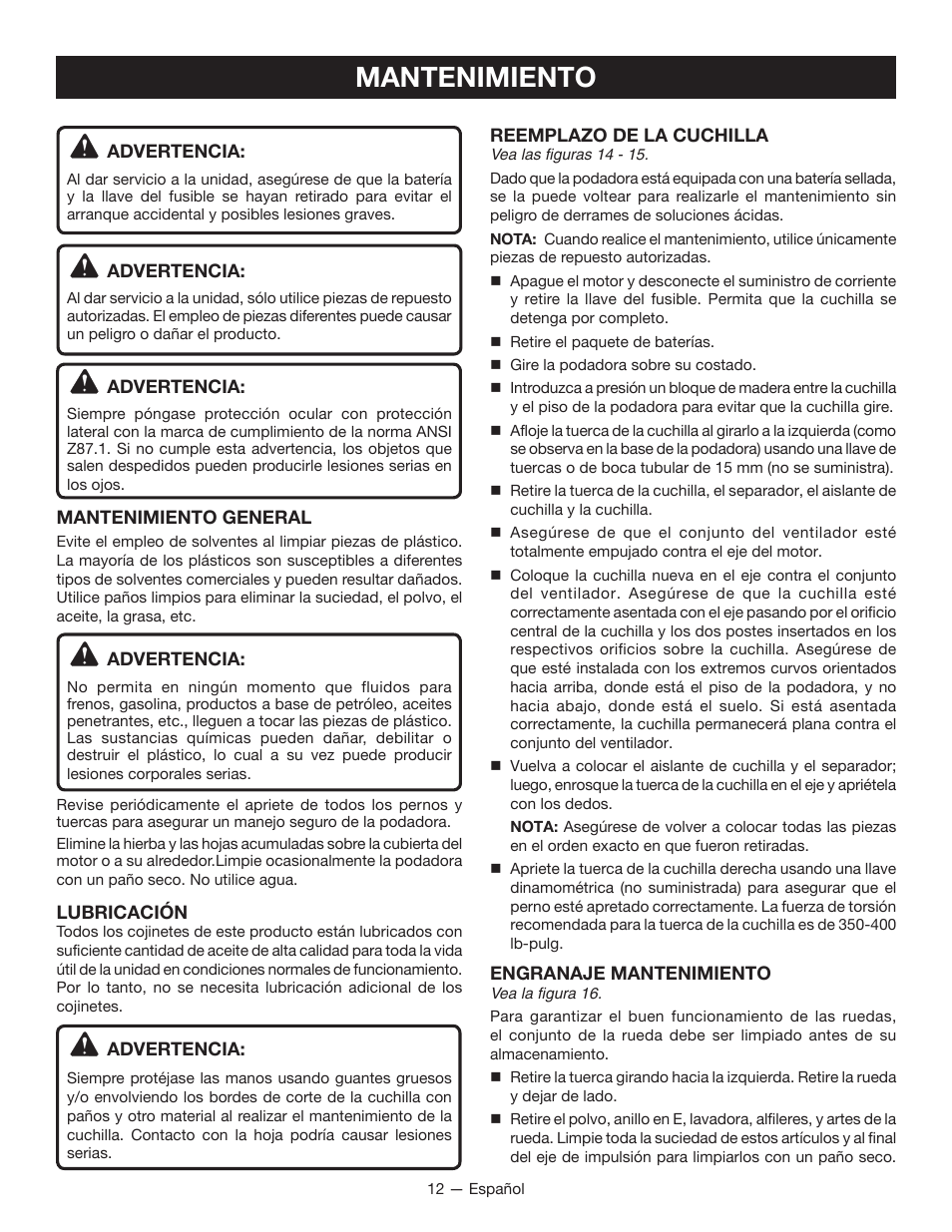 Mantenimiento | Ryobi RY14110 User Manual | Page 43 / 48