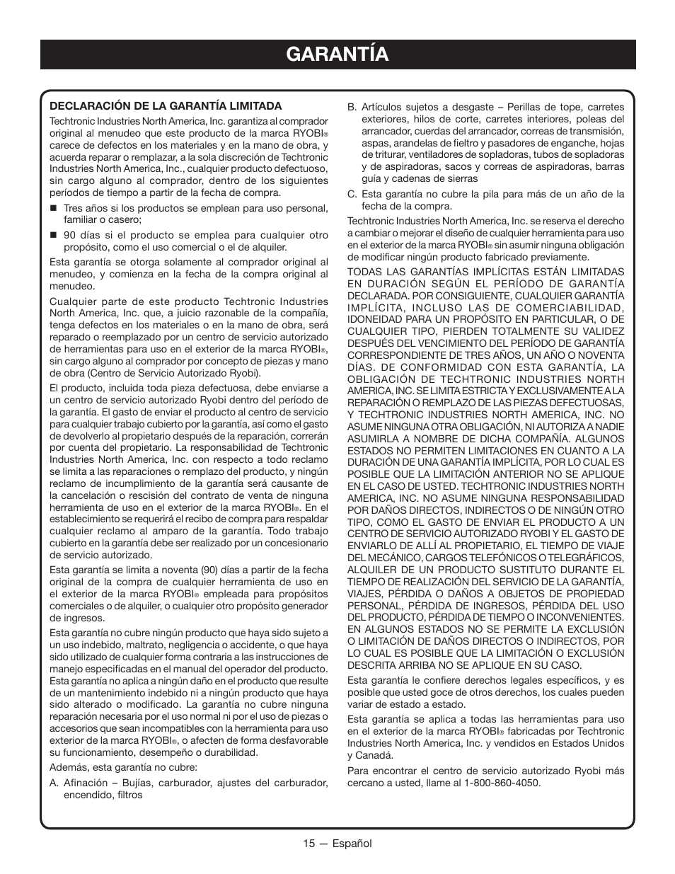Garantía | Ryobi RY14110 User Manual | Page 46 / 48
