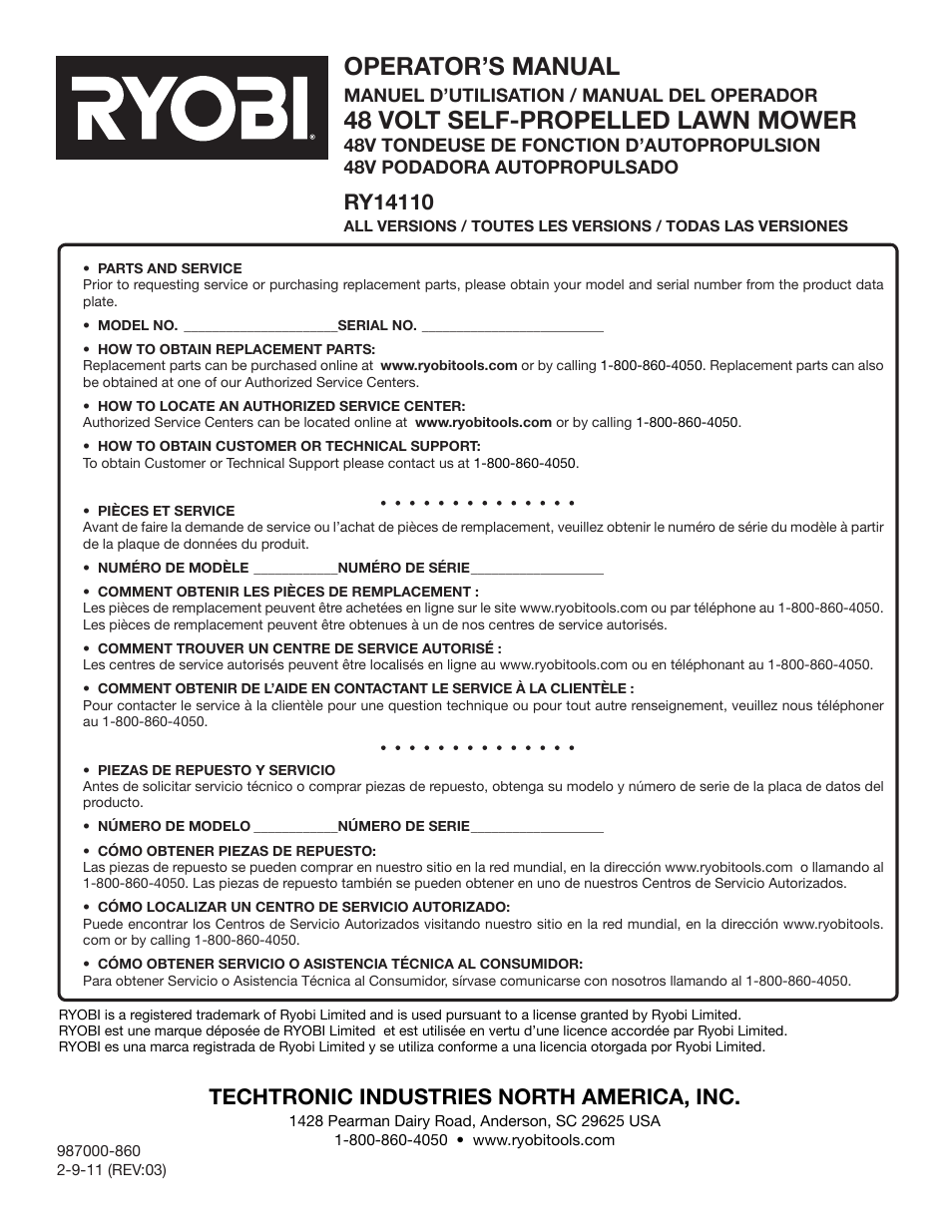 Operator’s manual, 48 volt self-propelled lawn mower, Techtronic industries north america, inc | Ryobi RY14110 User Manual | Page 48 / 48